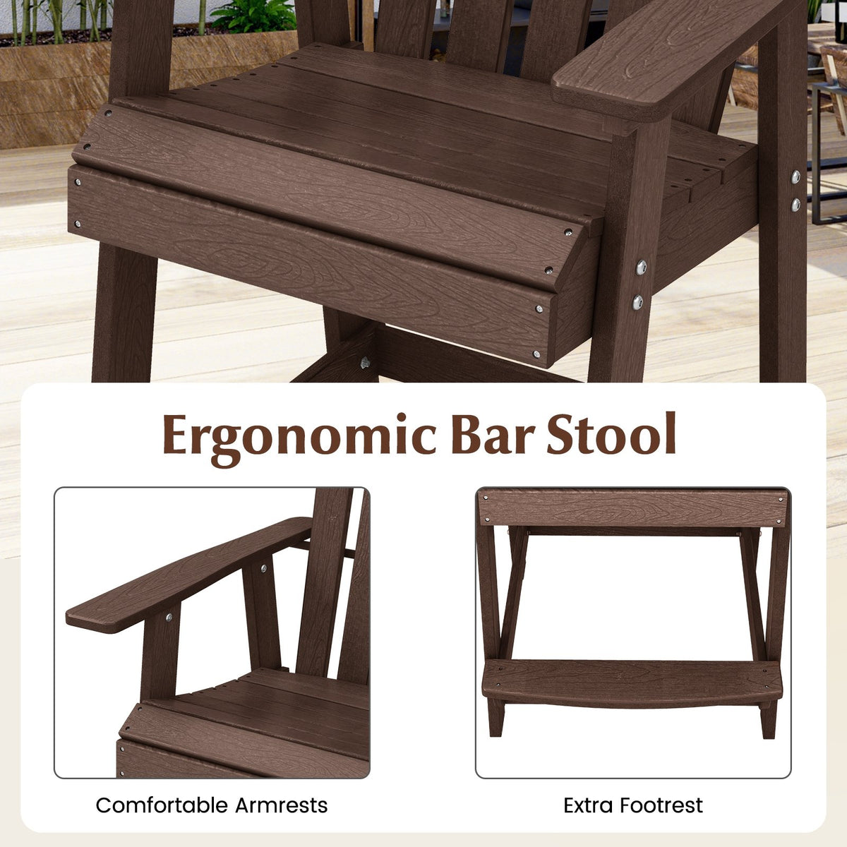 HDPE Patio Chair with Armrest and Footrest for Indoor Outdoor-Brown view 9