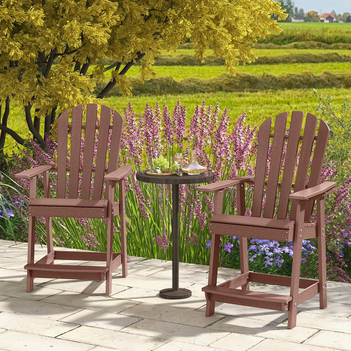HDPE Patio Chair with Armrest and Footrest for Indoor Outdoor-Coffee view 3