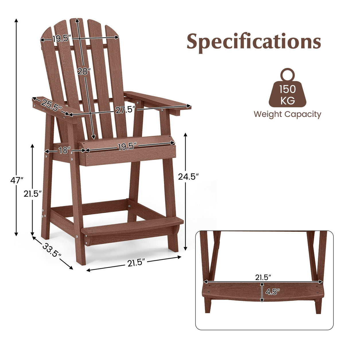 HDPE Patio Chair with Armrest and Footrest for Indoor Outdoor-Coffee view 4