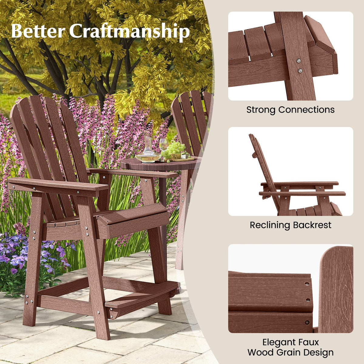 HDPE Patio Chair with Armrest and Footrest for Indoor Outdoor-Coffee view 5