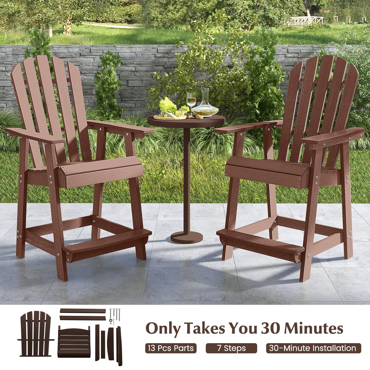 HDPE Patio Chair with Armrest and Footrest for Indoor Outdoor-Coffee view 6