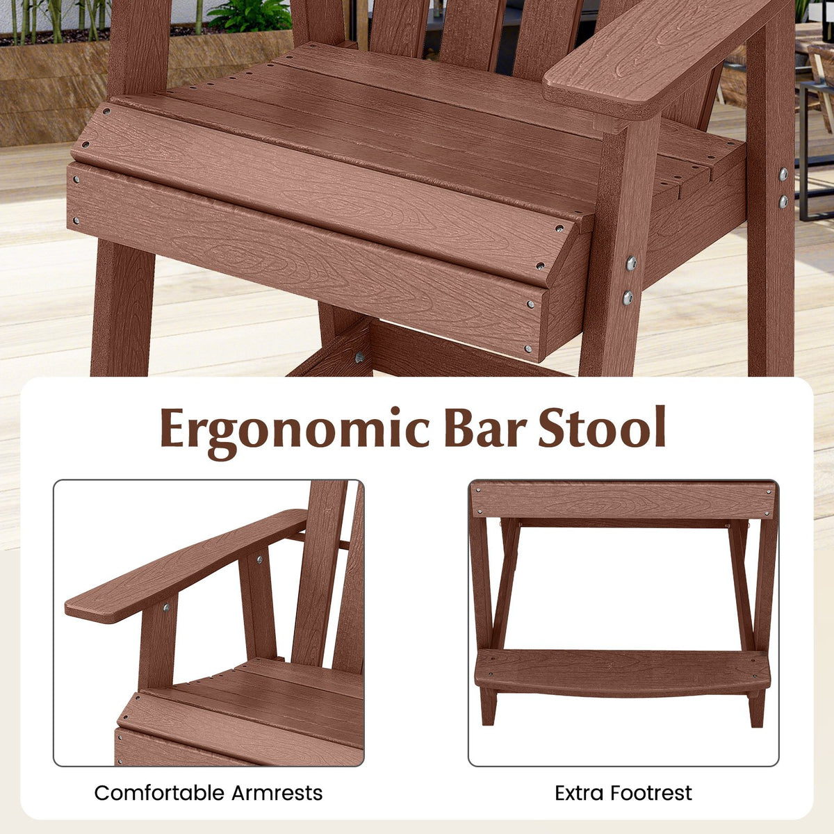 HDPE Patio Chair with Armrest and Footrest for Indoor Outdoor-Coffee view 7