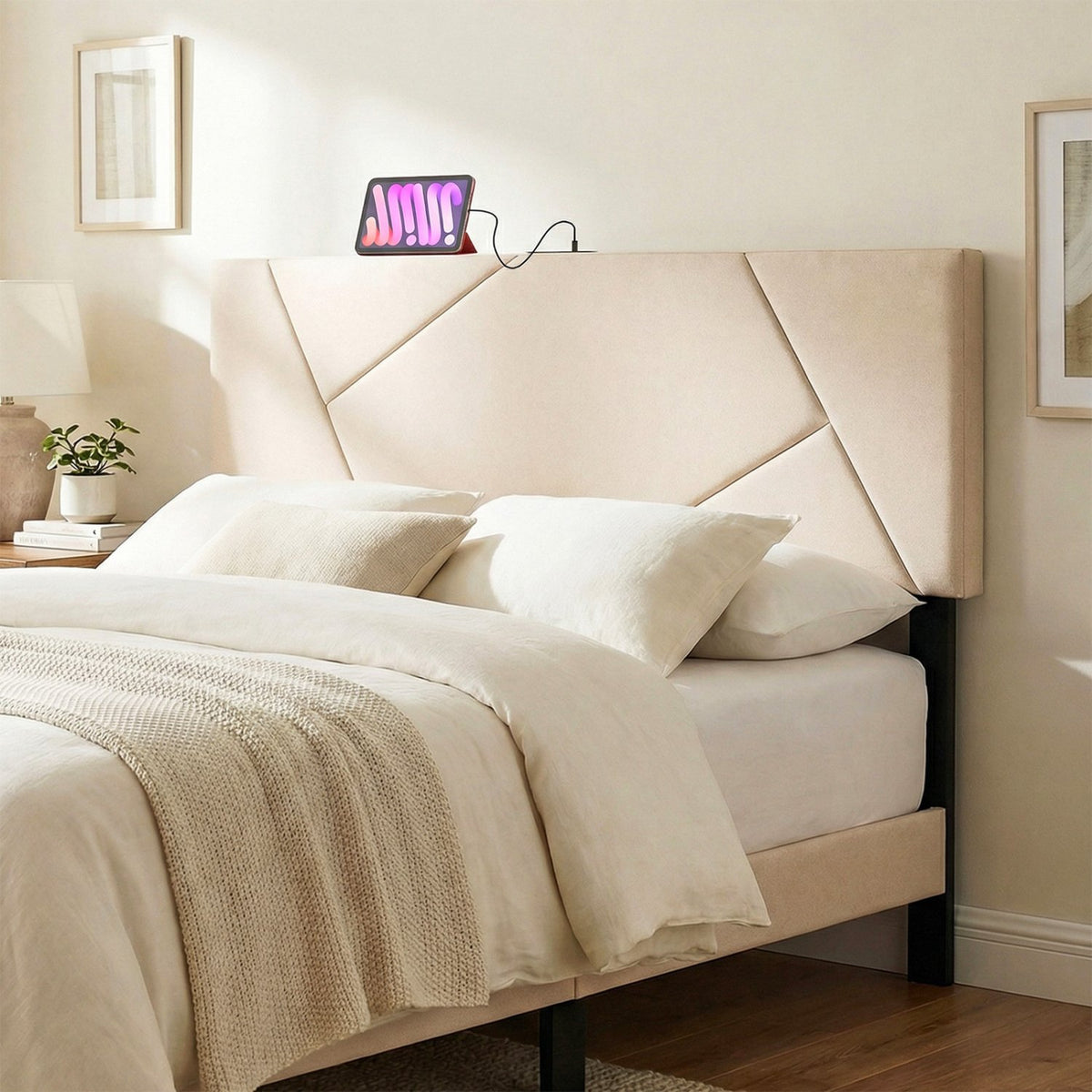 Headboard for Full Size Bed and Queen Geometric Upholstered Head Board-Beige view 3