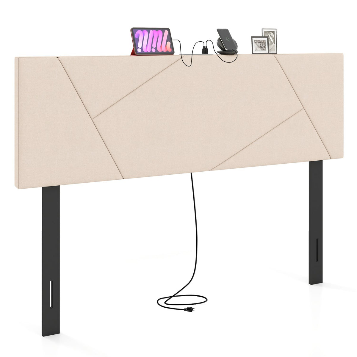 Headboard for Full Size Bed and Queen Geometric Upholstered Head Board-Beige view 4