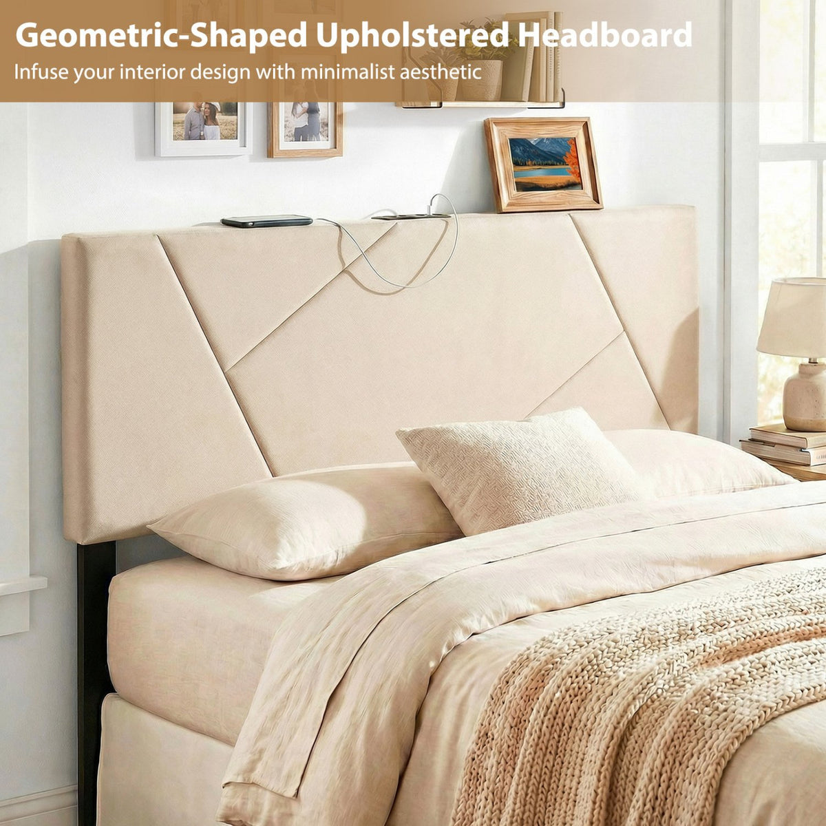 Headboard for Full Size Bed and Queen Geometric Upholstered Head Board-Beige view 8