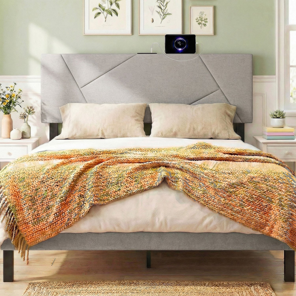 Headboard for Full Size Bed and Queen Geometric Upholstered Head Board-Gray view 2
