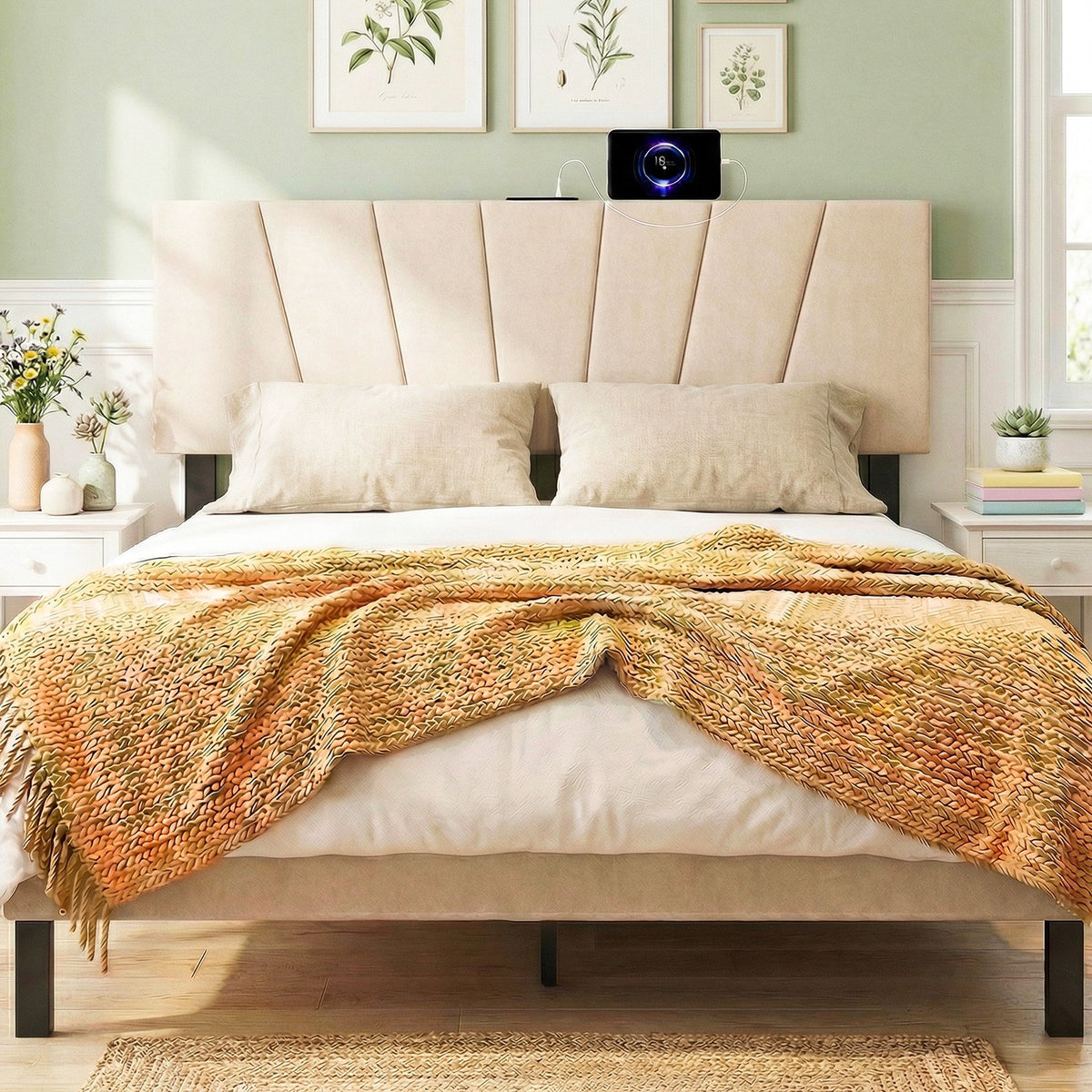 Headboard for Queen and Full Size Bed Geometric Upholstered Head Board-Beige view 2