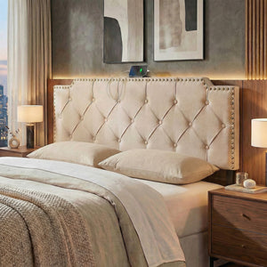 Headboard for Queen and Full Size Bed Rivet Tufted Upholstered Head Board-Beige view 3