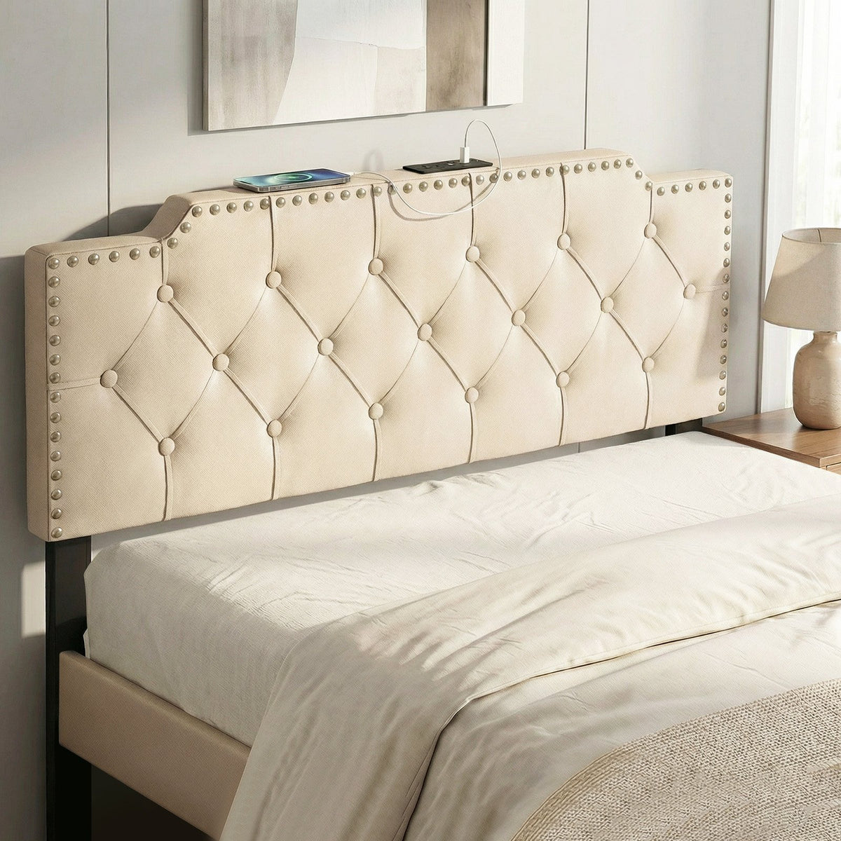 Headboard for Queen and Full Size Bed Rivet Tufted Upholstered Head Board-Beige view 6