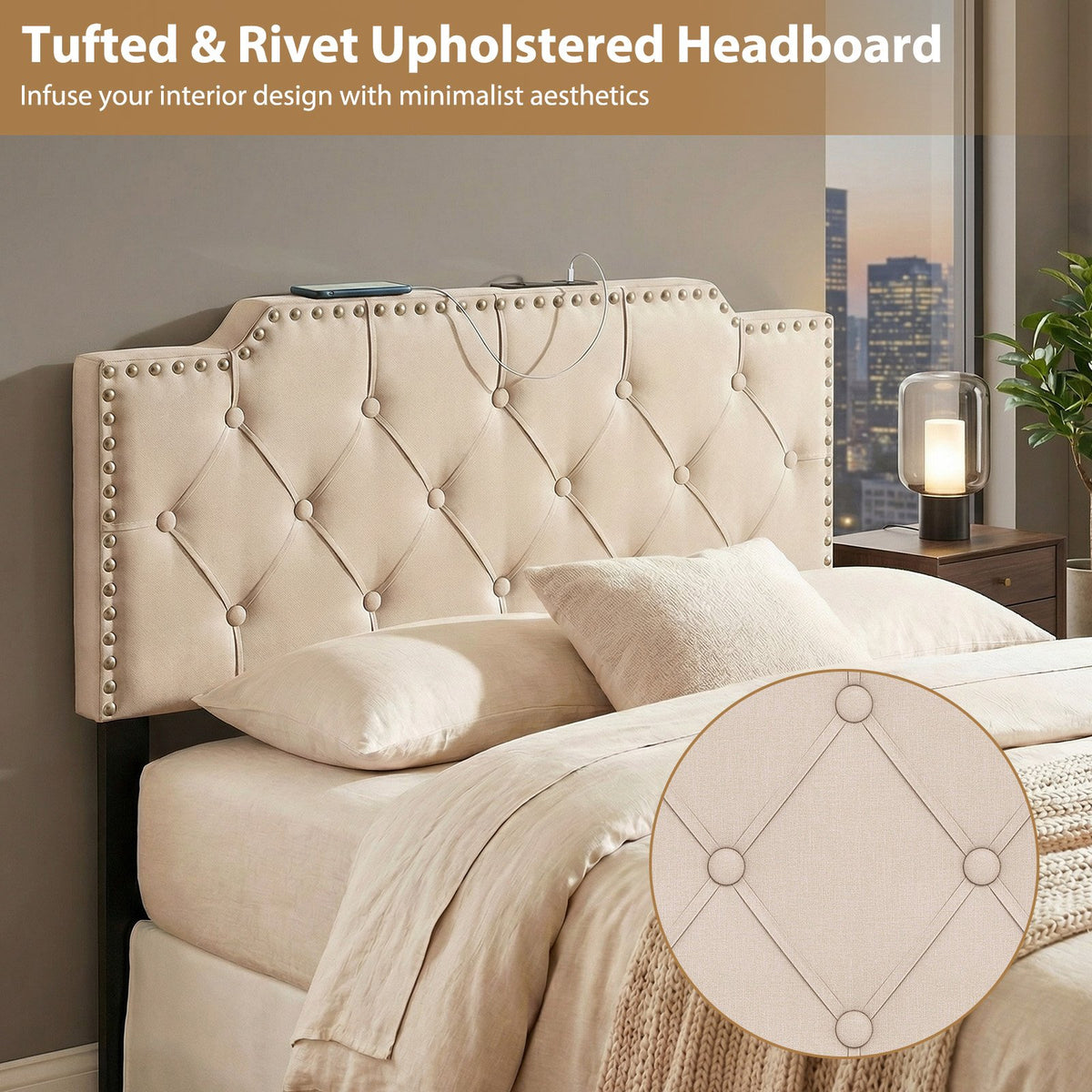 Headboard for Queen and Full Size Bed Rivet Tufted Upholstered Head Board-Beige view 8