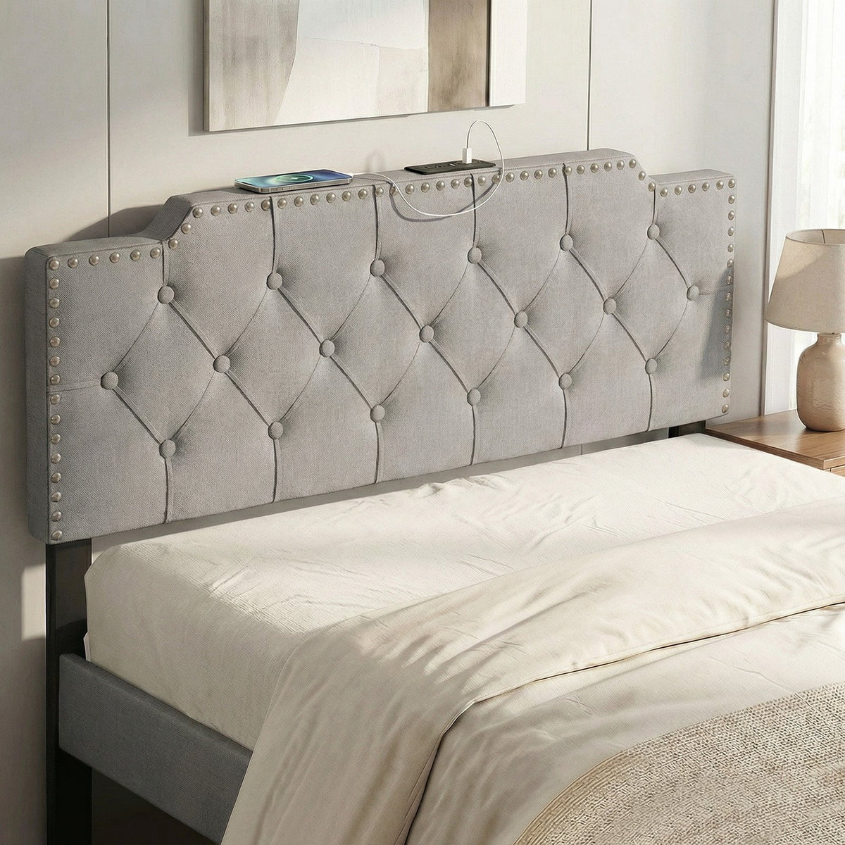 Headboard for Queen and Full Size Bed Rivet Tufted Upholstered Head Board-Gray view 6