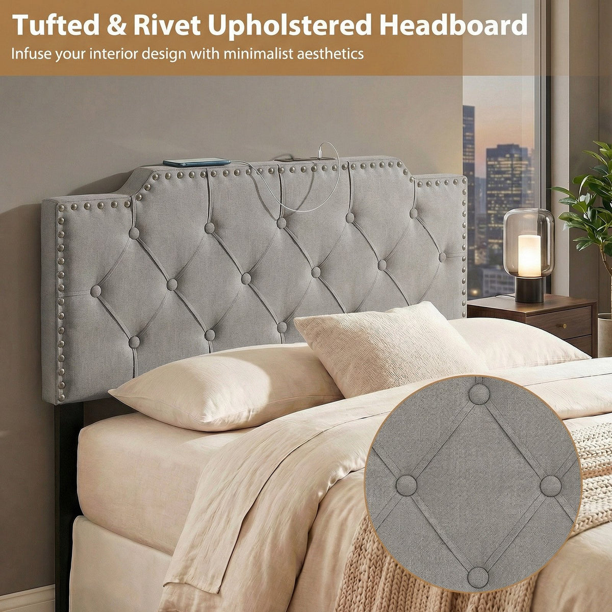 Headboard for Queen and Full Size Bed Rivet Tufted Upholstered Head Board-Gray view 8