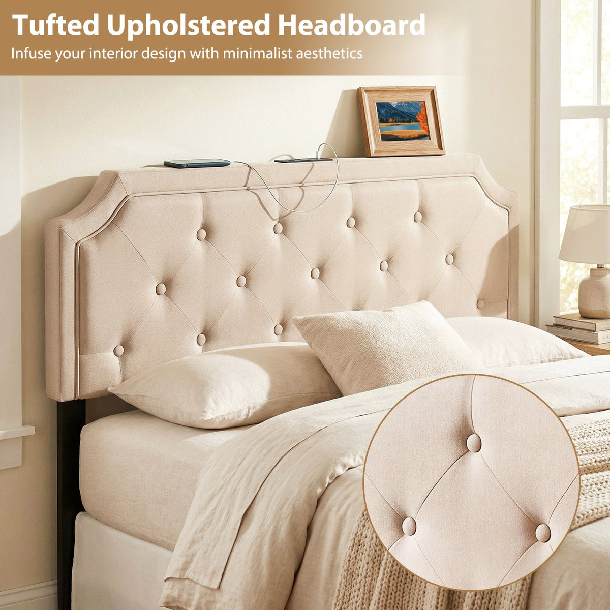 Headboard for Queen and Full Size Bed Tufted Upholstered Head Board-Beige view 8