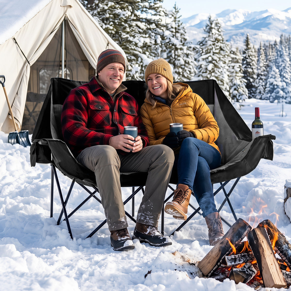 Heated Double Camping Chair with 4 Heating Zones and Wine Glass Holders-Black view 3