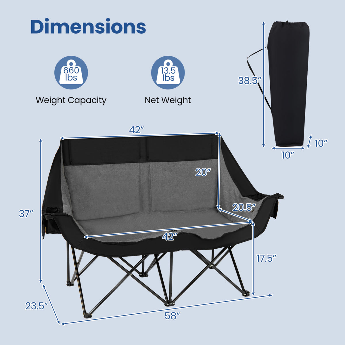 Heated Double Camping Chair with 4 Heating Zones and Wine Glass Holders-Black view 5