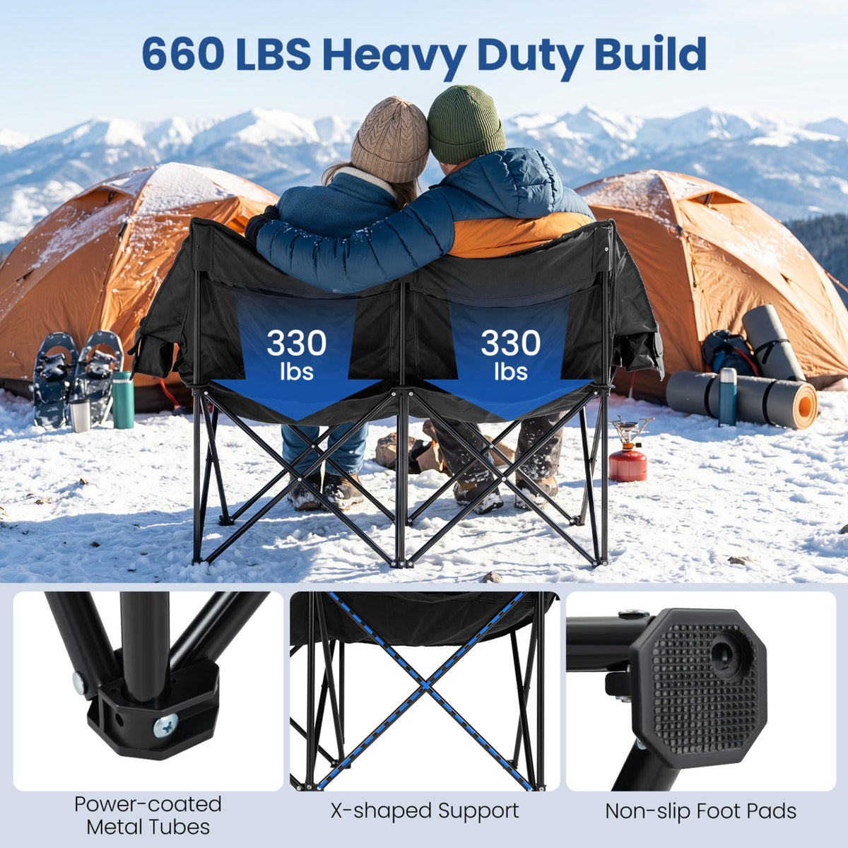 Heated Double Camping Chair with 4 Heating Zones and Wine Glass Holders-Black view 9