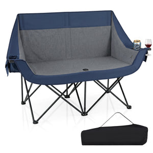 Heated Double Camping Chair with 4 Heating Zones and Wine Glass Holders-Navy