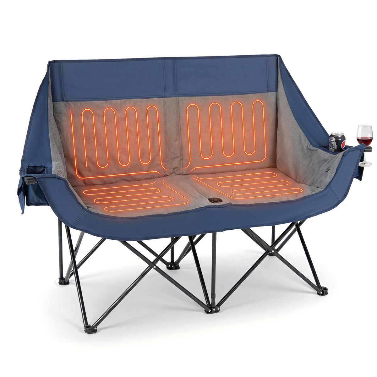 Heated Double Camping Chair with 4 Heating Zones and Wine Glass Holders-Navy view 4
