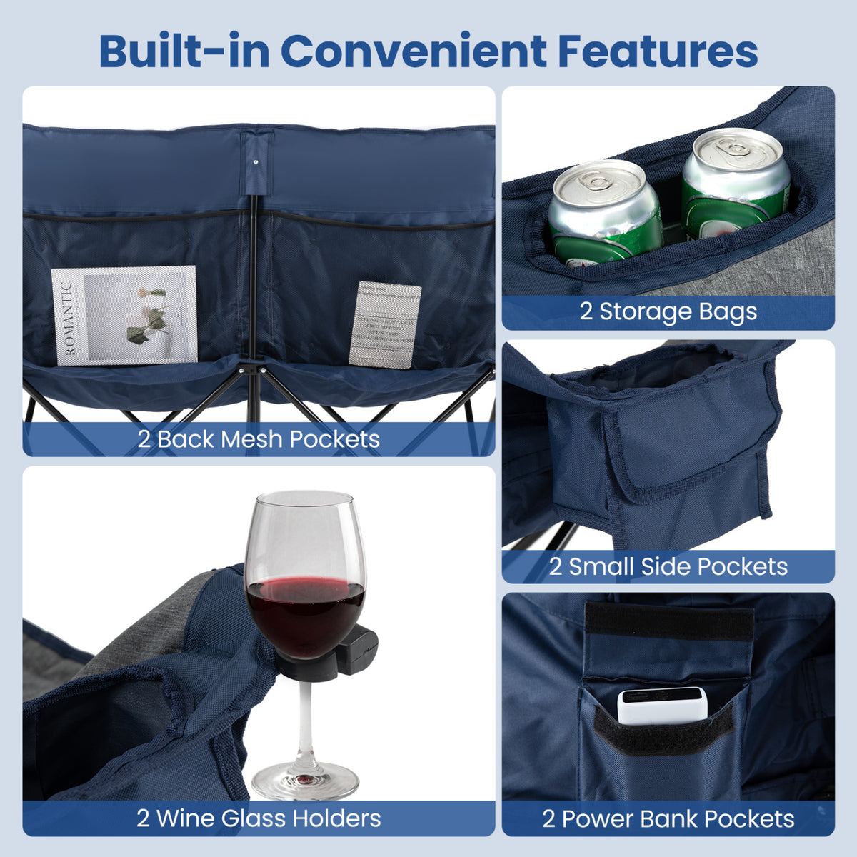 Heated Double Camping Chair with 4 Heating Zones and Wine Glass Holders-Navy view 7