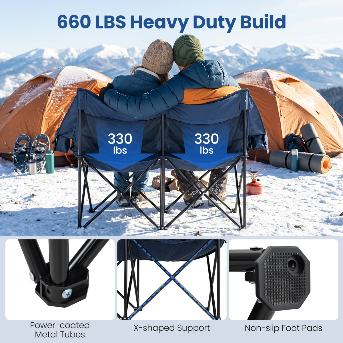 Heated Double Camping Chair with 4 Heating Zones and Wine Glass Holders-Navy view 9