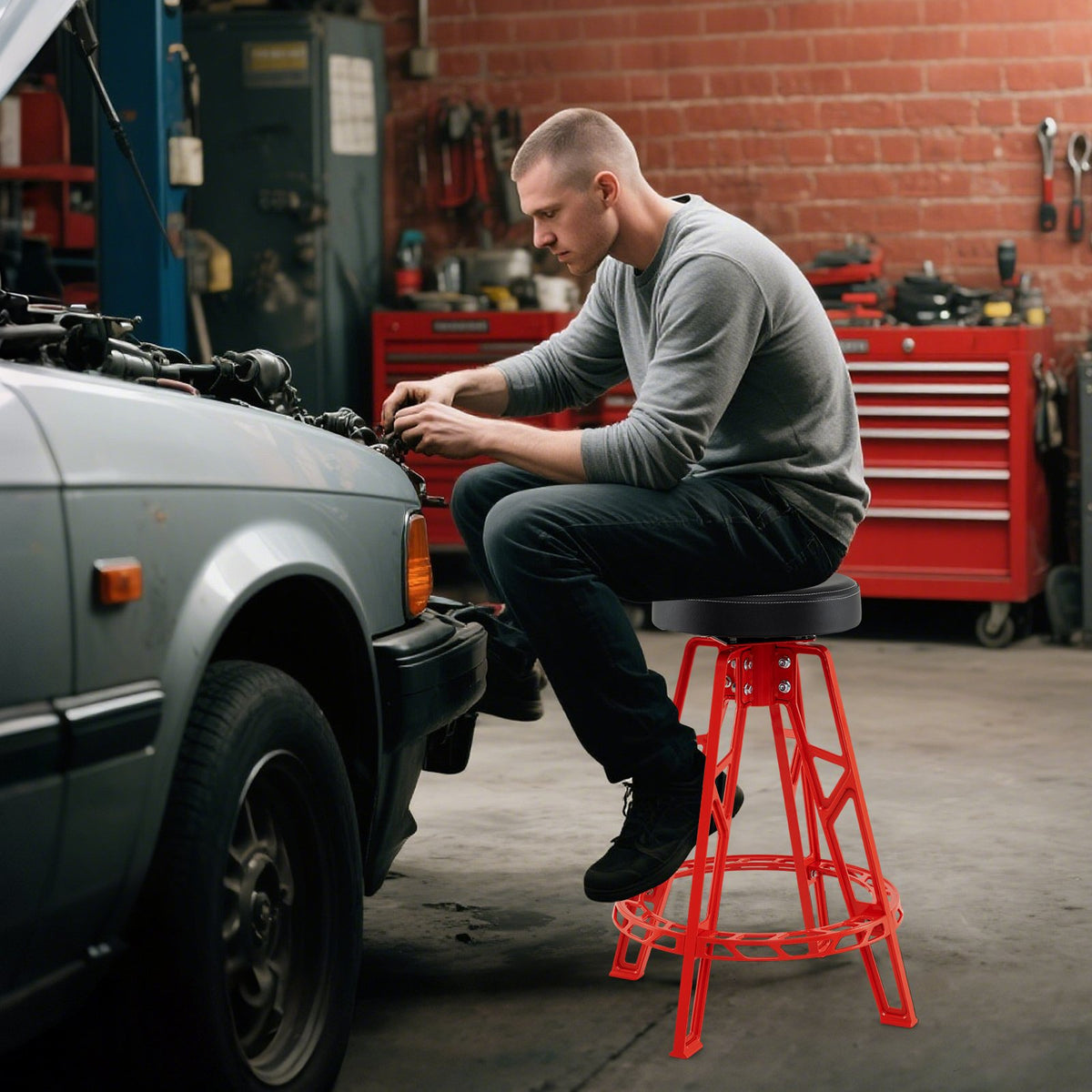 Heavy-Duty Aluminum Garage Bar Chair with 360° Swiveling Seat-Red view 3