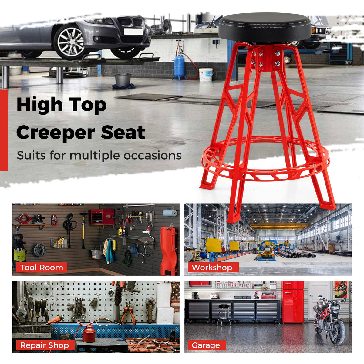 Heavy-Duty Aluminum Garage Bar Chair with 360° Swiveling Seat-Red view 5