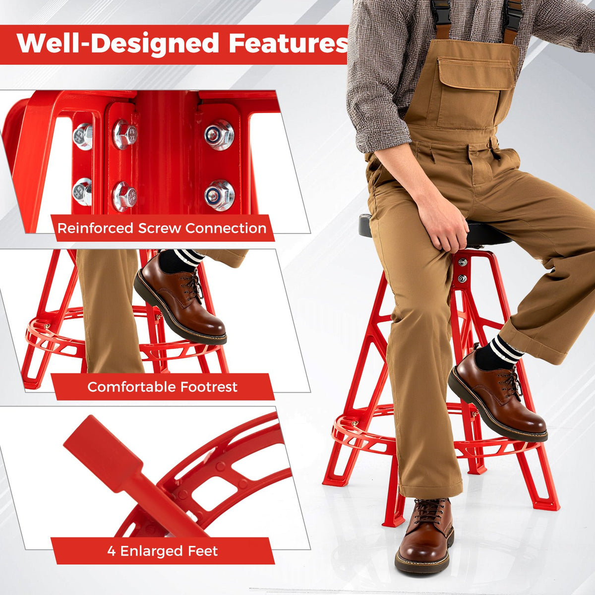 Heavy-Duty Aluminum Garage Bar Chair with 360° Swiveling Seat-Red view 9
