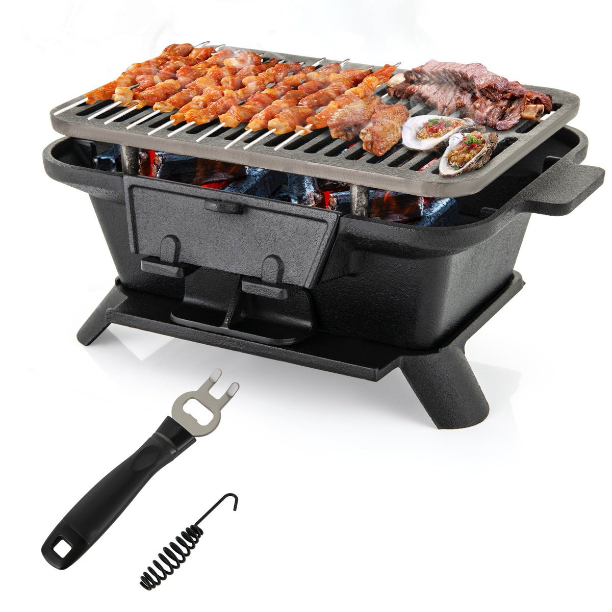 100% Cast Iron Hibachi Grill with Grill Grate Lifter view 3