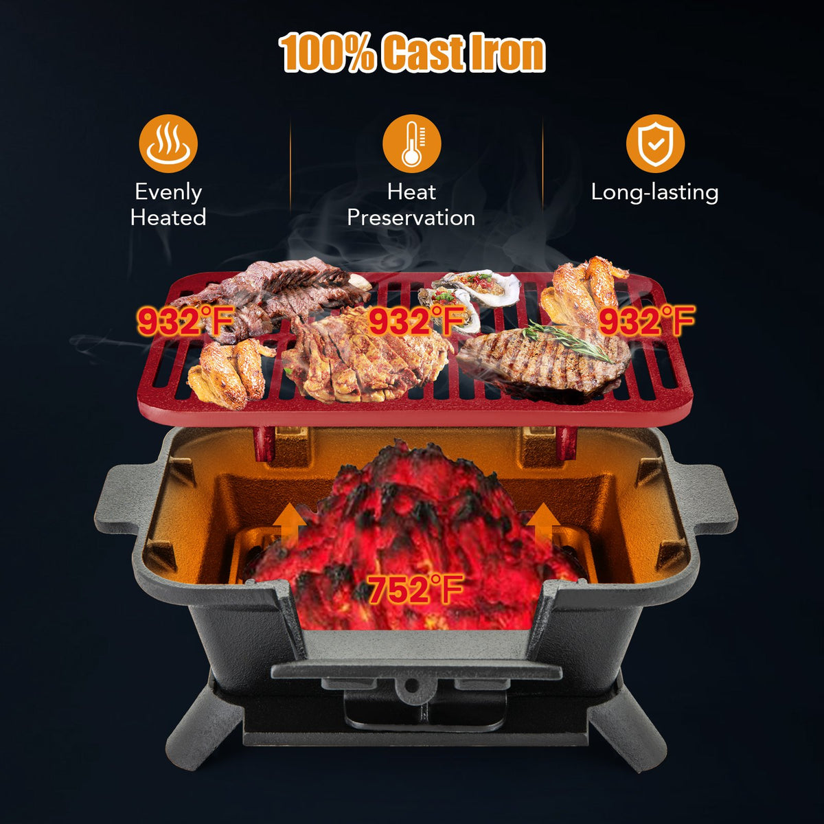 100% Cast Iron Hibachi Grill with Grill Grate Lifter view 5