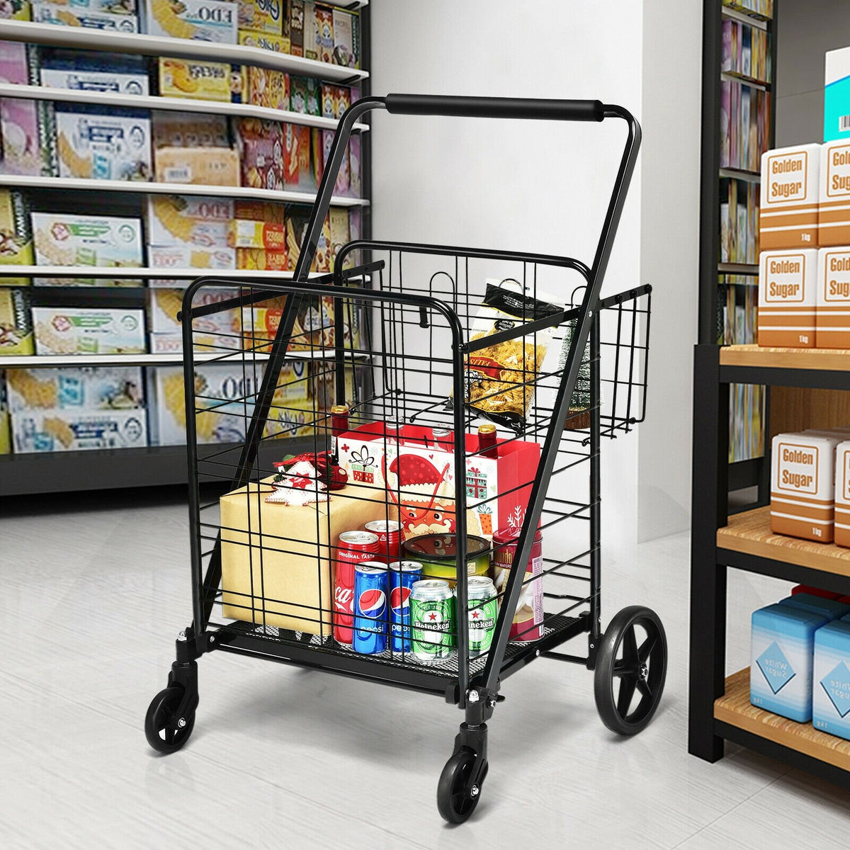 Heavy Duty Folding Utility Shopping Double Cart-Black view 2