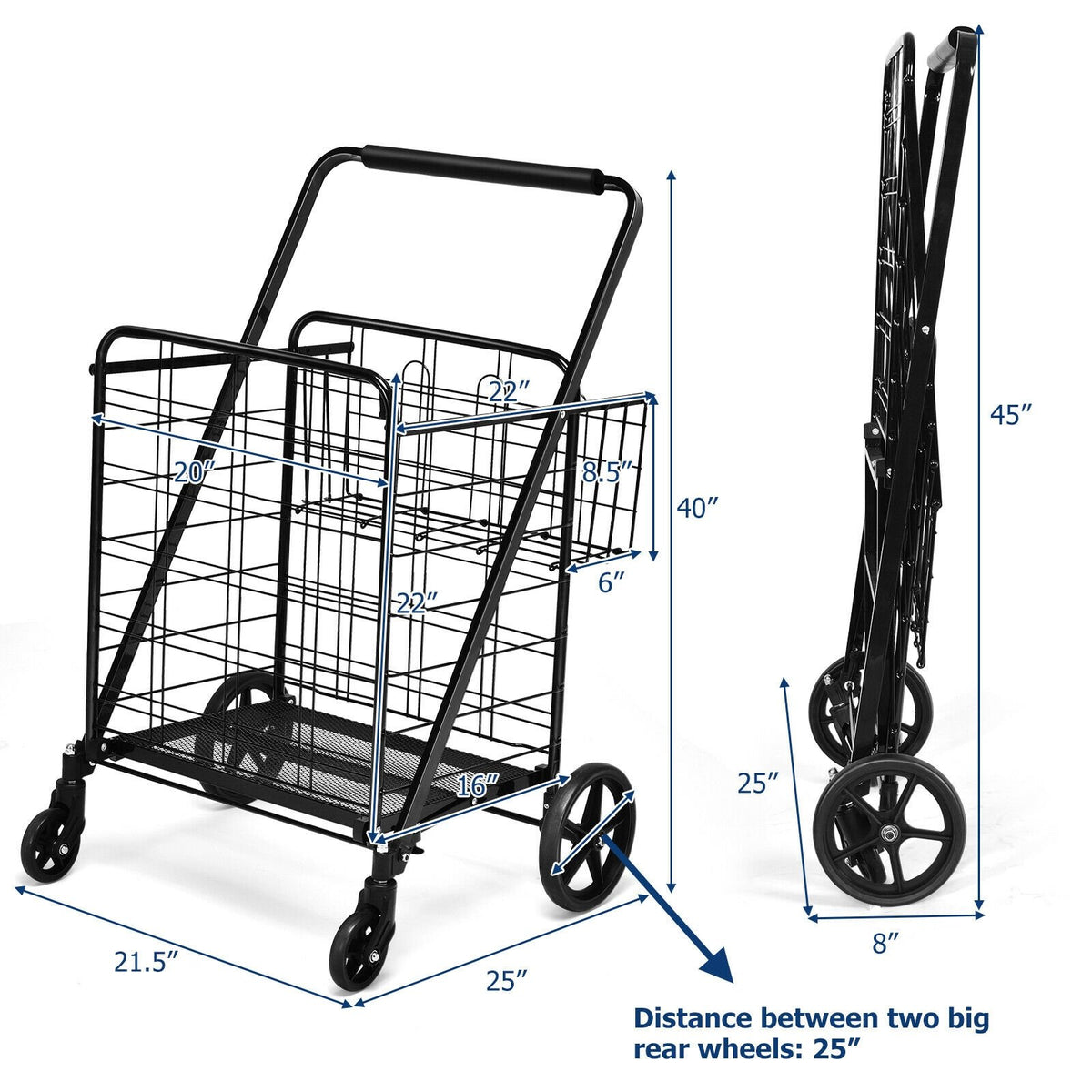 Heavy Duty Folding Utility Shopping Double Cart-Black view 4