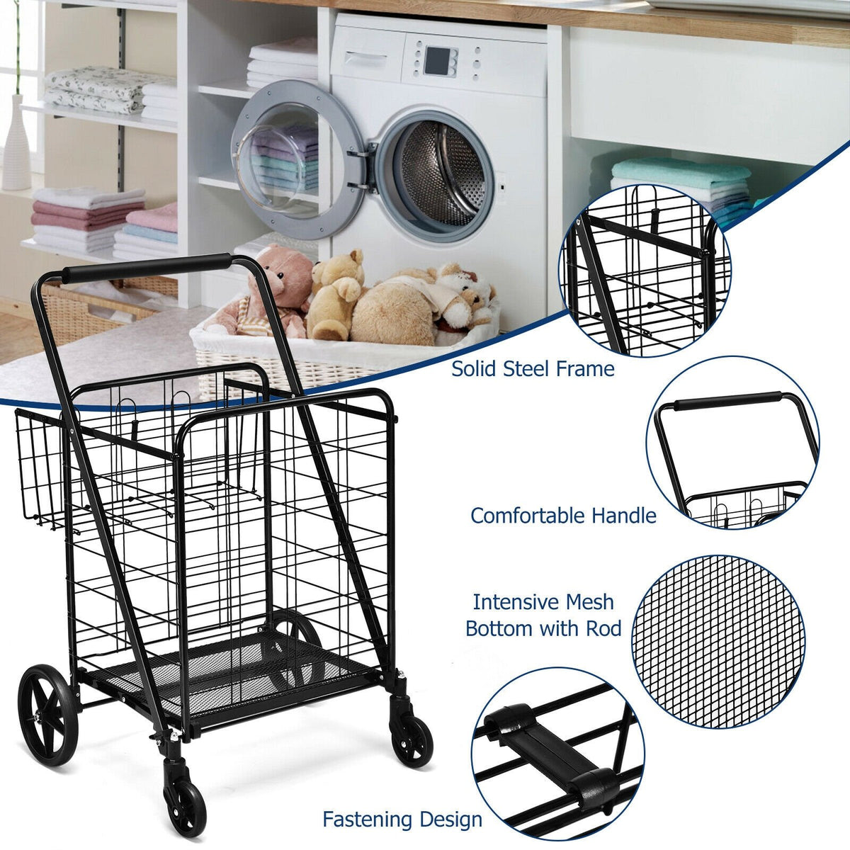Heavy Duty Folding Utility Shopping Double Cart-Black view 5