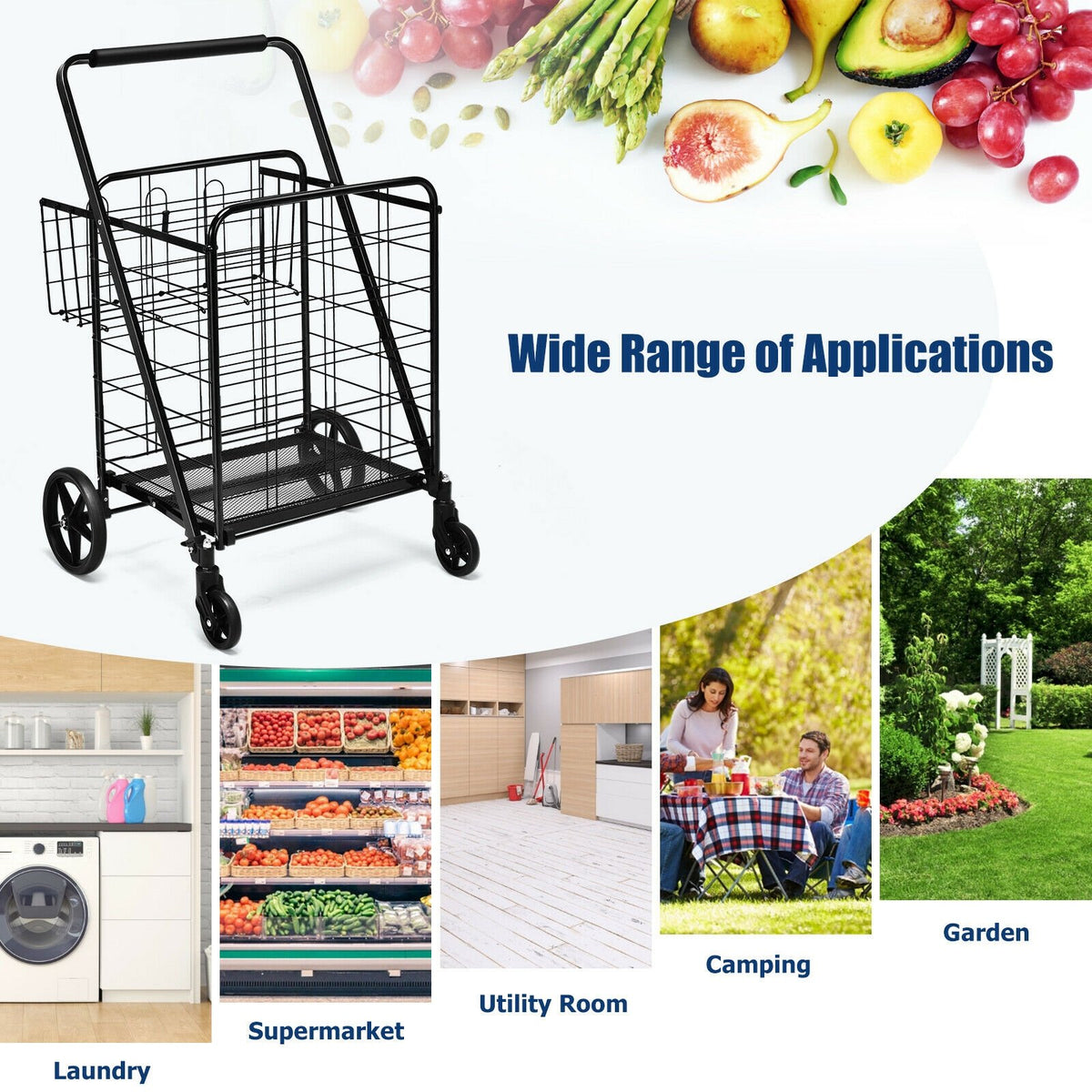 Heavy Duty Folding Utility Shopping Double Cart-Black view 9