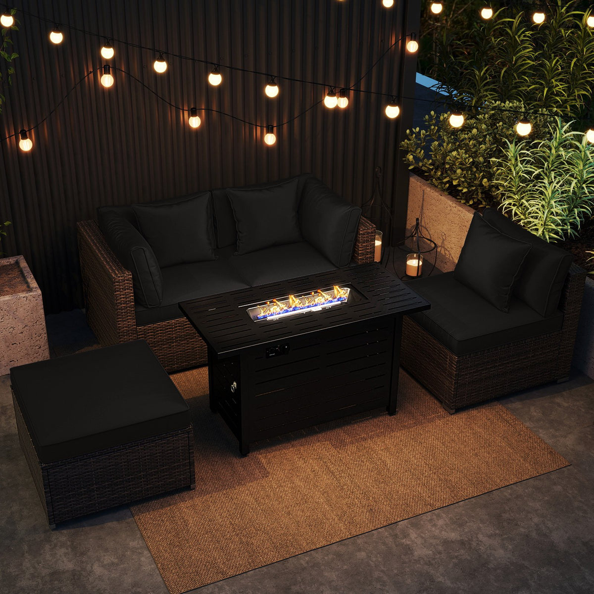Heavy-duty Frame Rattan Sofa Set with 60000 BTU Firepit Table-Black view 6