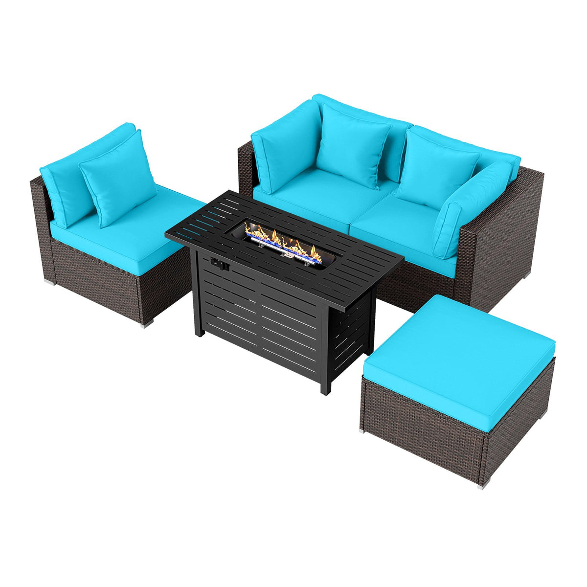 Heavy-duty Frame Rattan Sofa Set with 60000 BTU Firepit Table-Turquoise