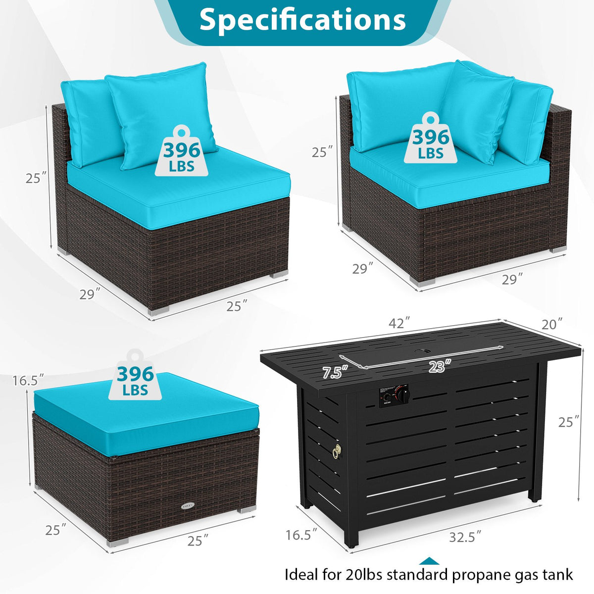 Heavy-duty Frame Rattan Sofa Set with 60000 BTU Firepit Table-Turquoise view 5