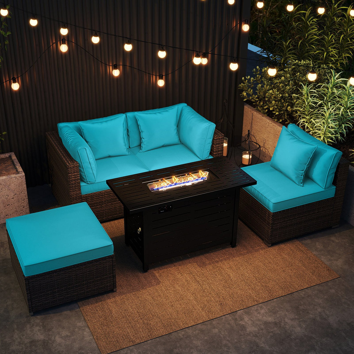 Heavy-duty Frame Rattan Sofa Set with 60000 BTU Firepit Table-Turquoise view 6