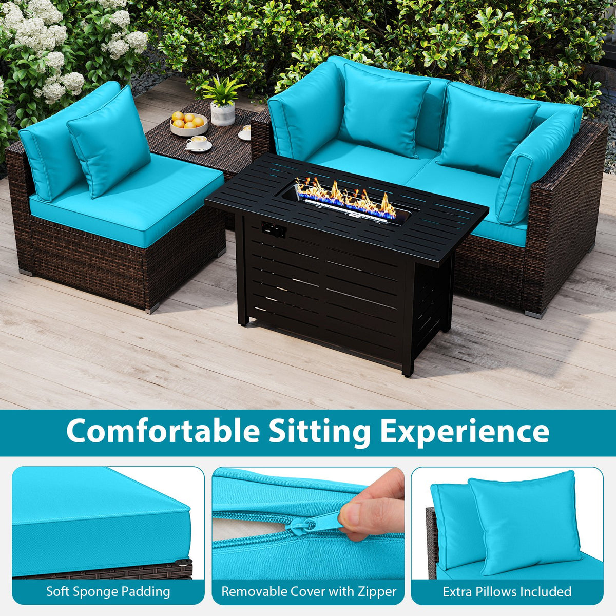 Heavy-duty Frame Rattan Sofa Set with 60000 BTU Firepit Table-Turquoise view 7