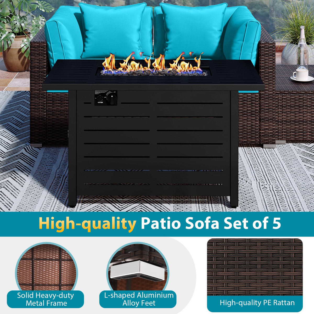 Heavy-duty Frame Rattan Sofa Set with 60000 BTU Firepit Table-Turquoise view 8
