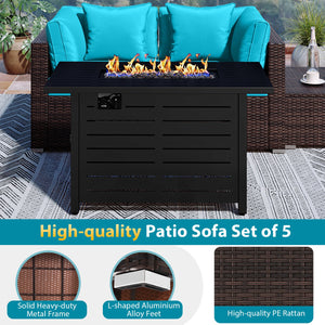 Heavy-duty Frame Rattan Sofa Set with 60000 BTU Firepit Table-Turquoise view 8