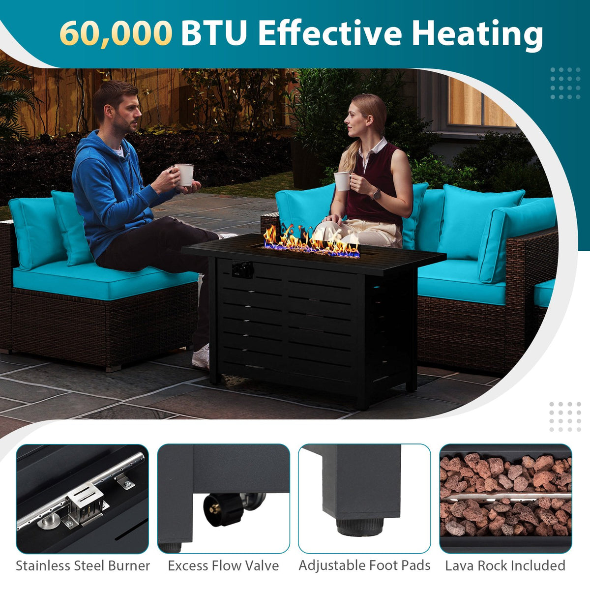 Heavy-duty Frame Rattan Sofa Set with 60000 BTU Firepit Table-Turquoise view 9