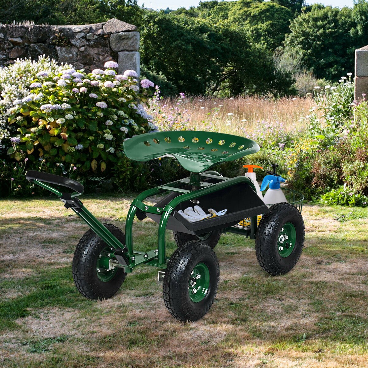 Heavy Duty Garden Cart with Tool Tray and 360 Swivel Seat-Green view 2