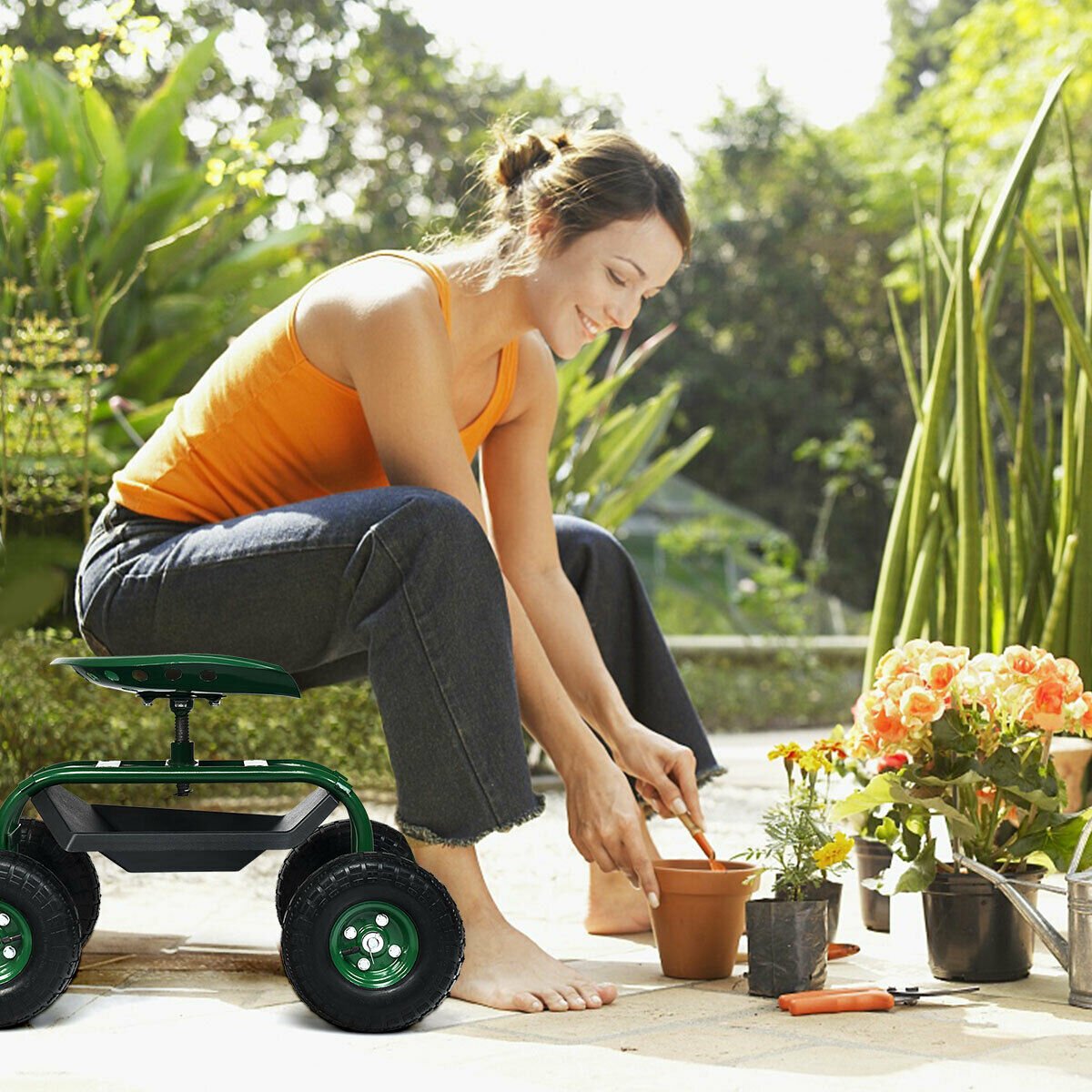 Heavy Duty Garden Cart with Tool Tray and 360 Swivel Seat-Green view 3