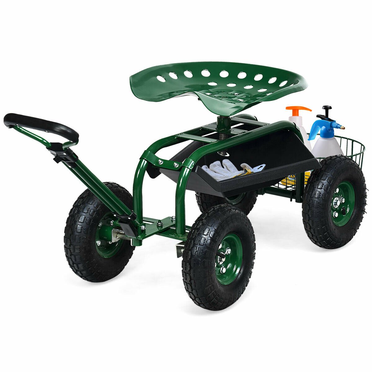 Heavy Duty Garden Cart with Tool Tray and 360 Swivel Seat-Green view 4