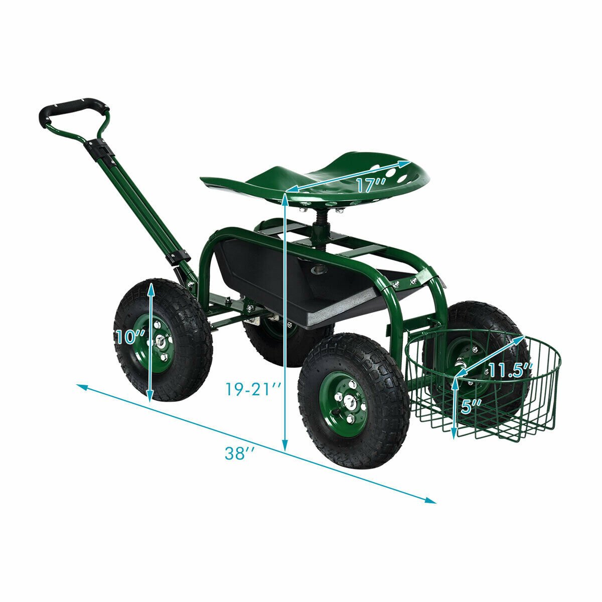 Heavy Duty Garden Cart with Tool Tray and 360 Swivel Seat-Green view 5