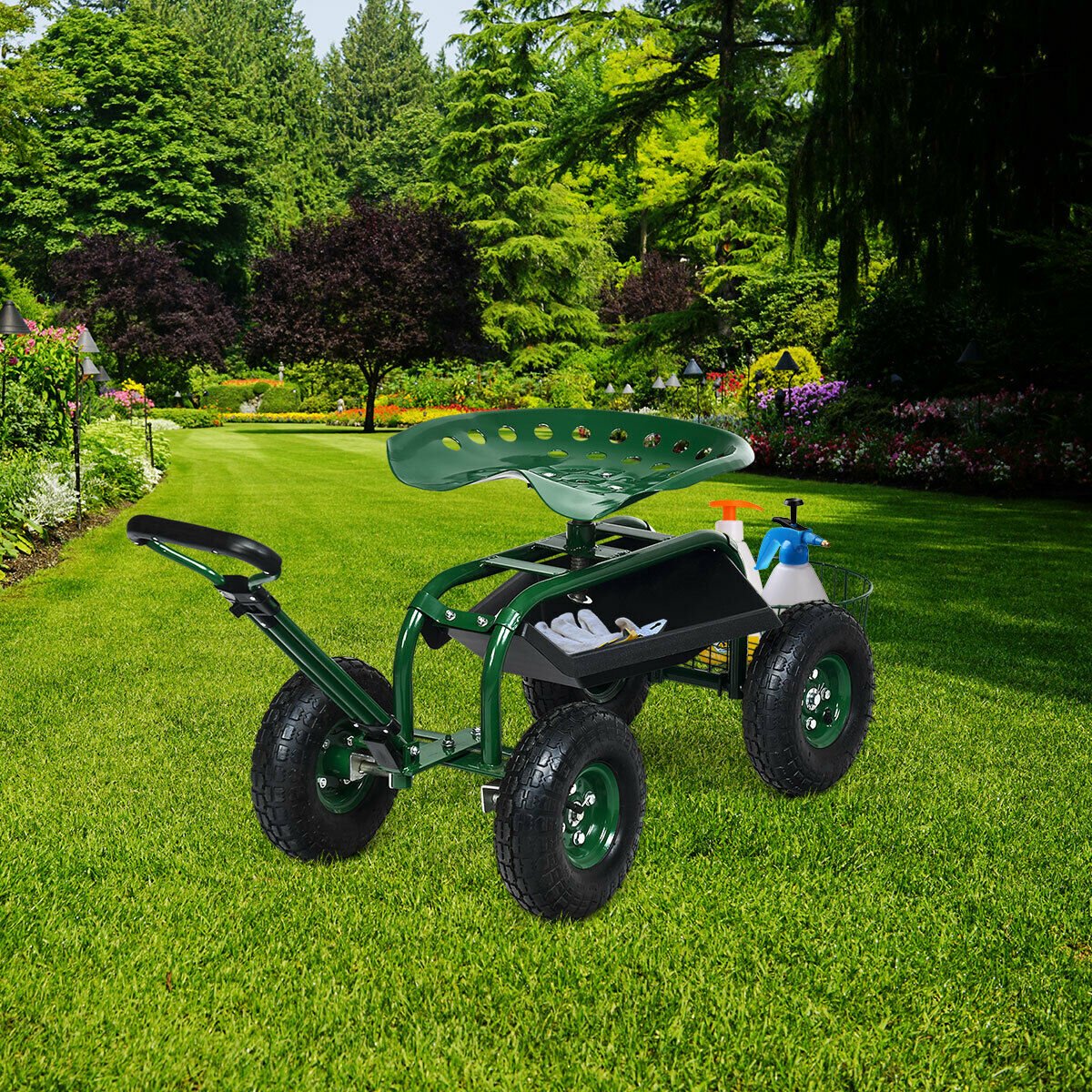 Heavy Duty Garden Cart with Tool Tray and 360 Swivel Seat-Green view 6