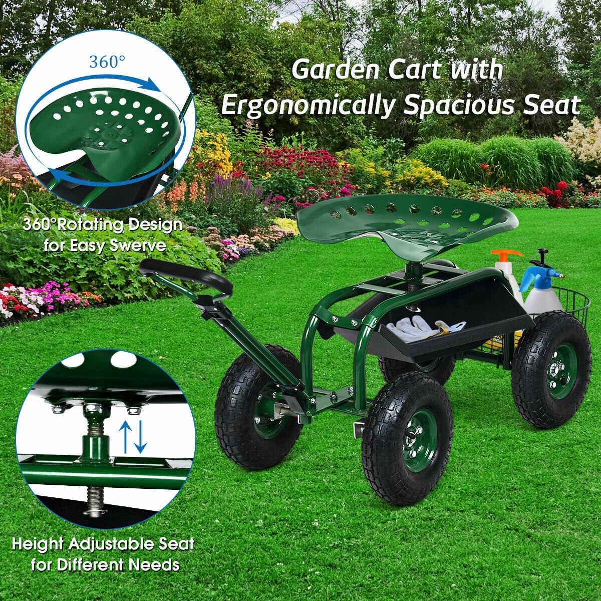 Heavy Duty Garden Cart with Tool Tray and 360 Swivel Seat-Green view 8