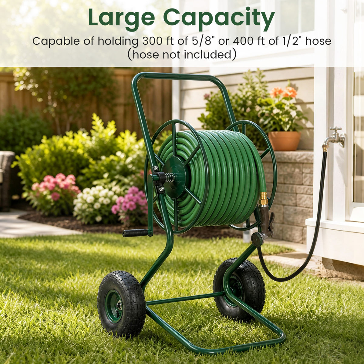 Heavy Duty Garden Hose Reel Cart Holds up to 300 FT of 5/8 inches Hose-Green view 6