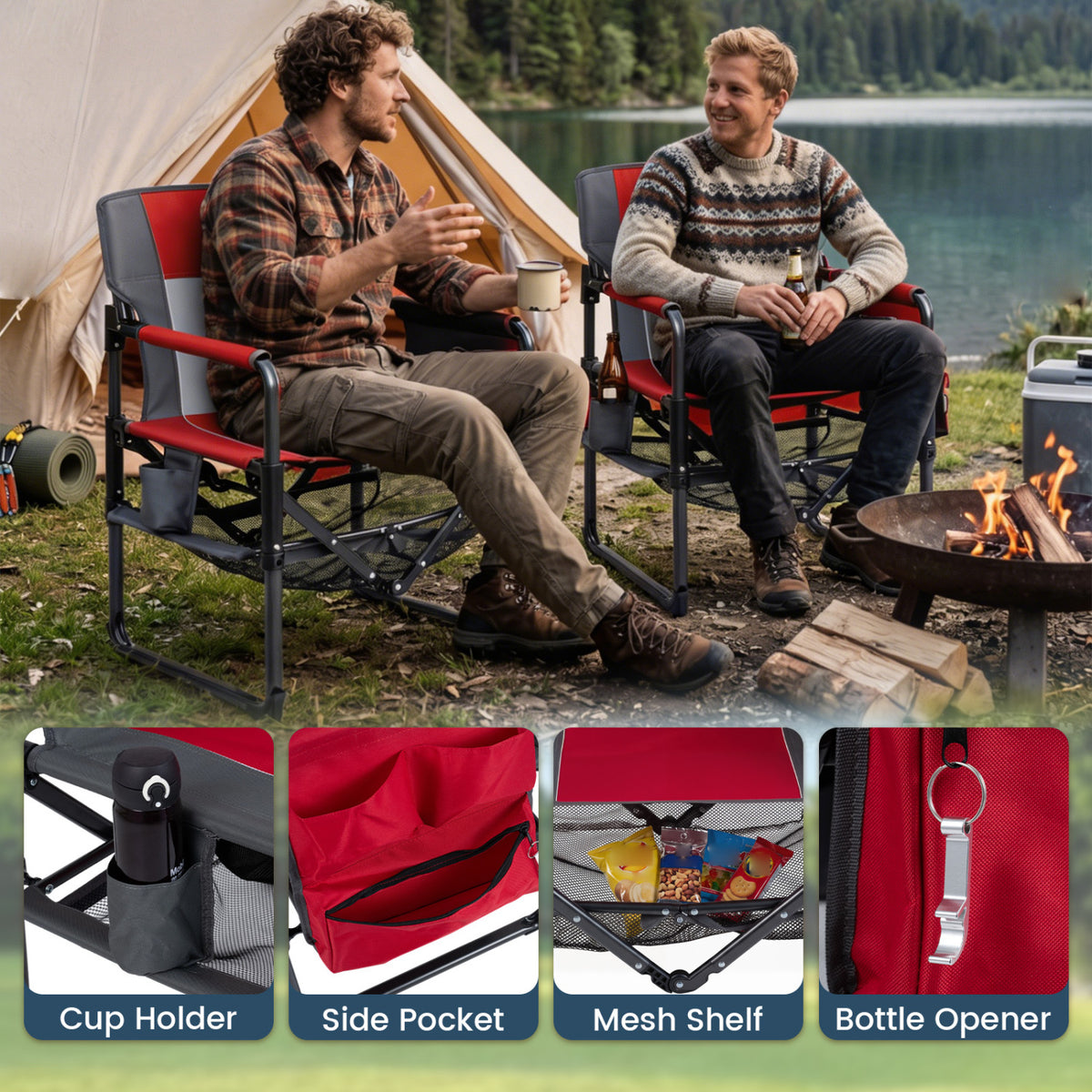 Heavy Duty Outdoor Camping Chair with Cup Holder and Bottle Opener-Red view 6