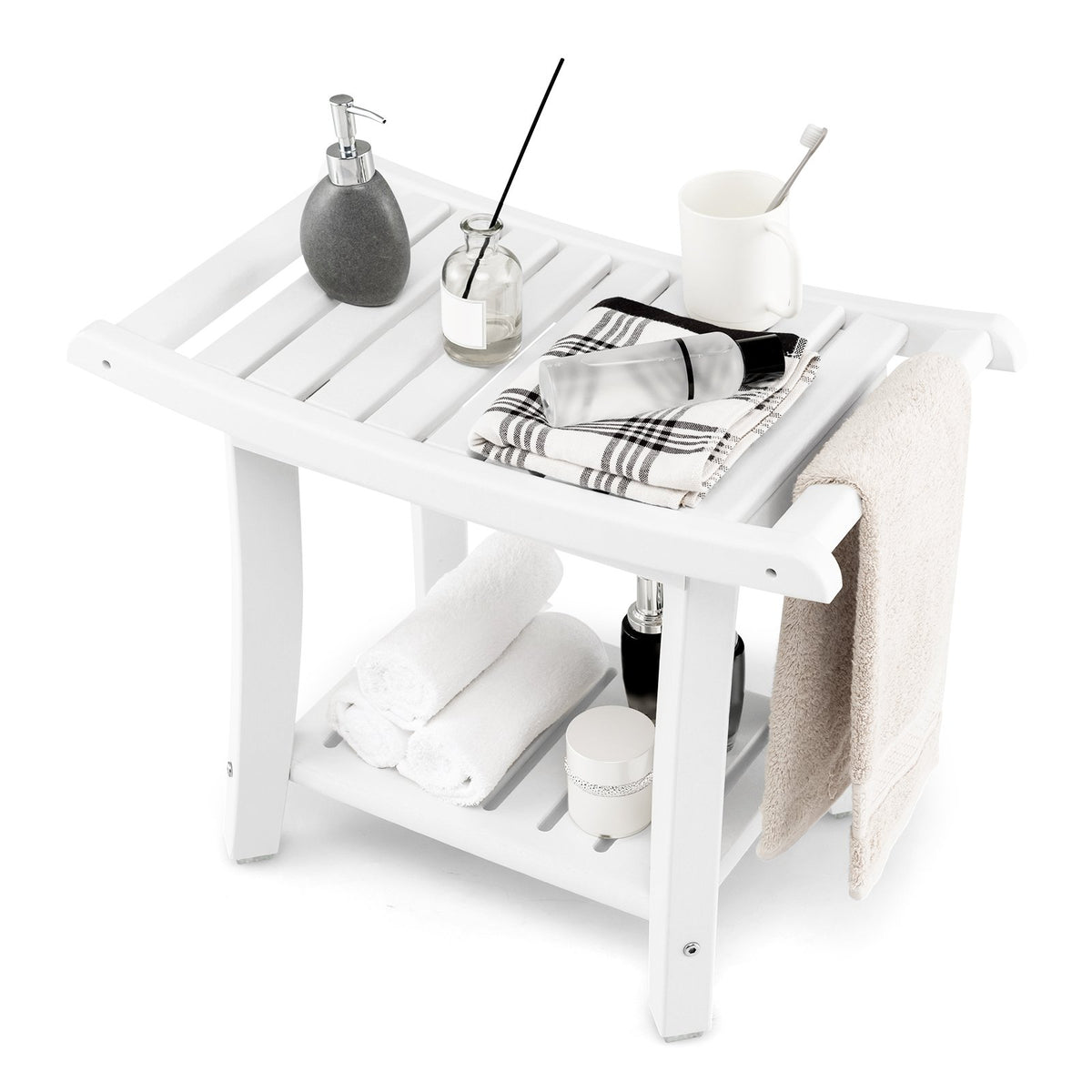 Heavy Duty Waterproof Bath Stool with Curved Seat and Storage Shelf-White view 4